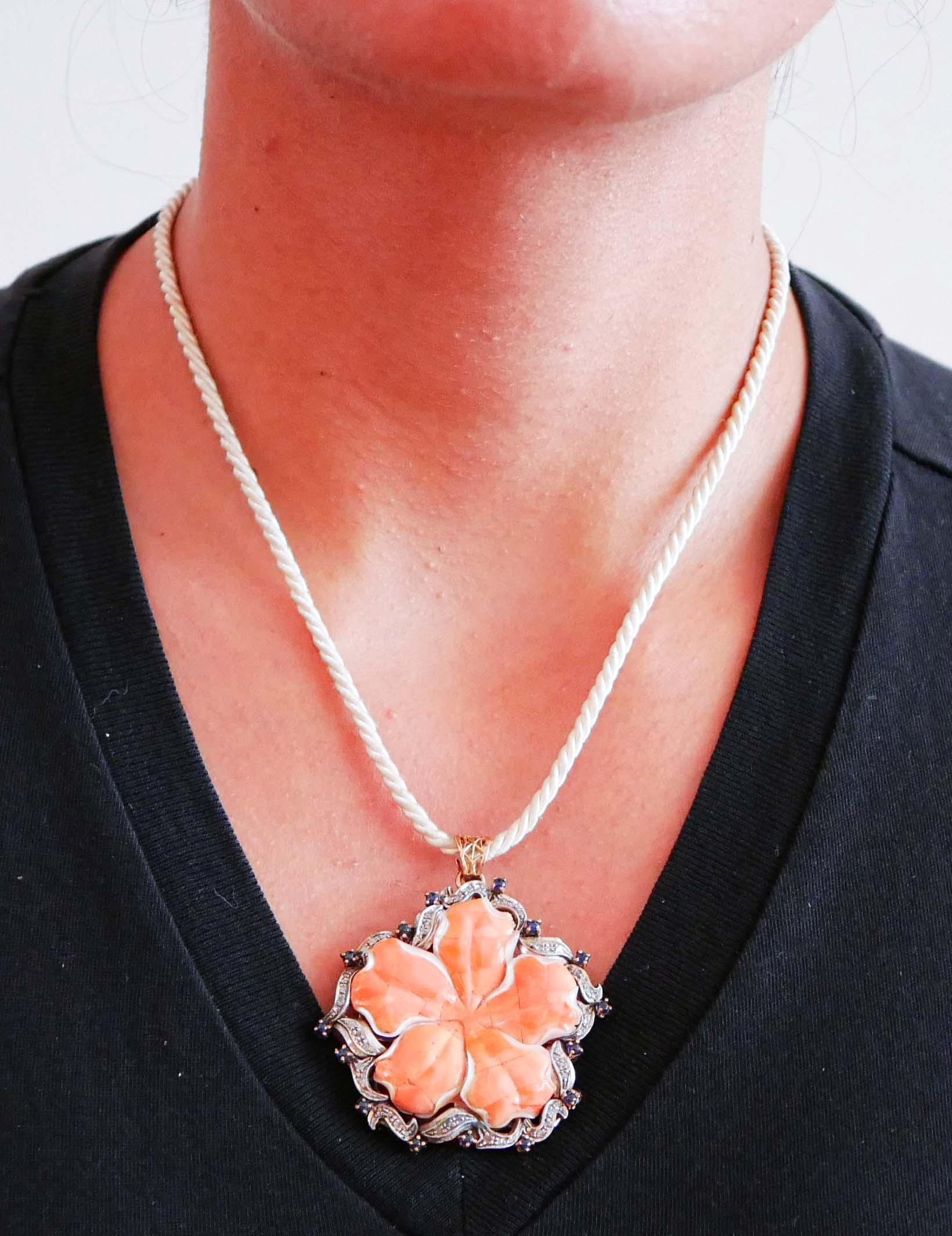 Women's Coral, Sapphires, Diamonds, Rose Gold and Silver Pendant. For Sale