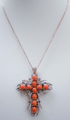 Coral, Sapphires, Diamonds, Rose Gold and Silver Pendant Necklace