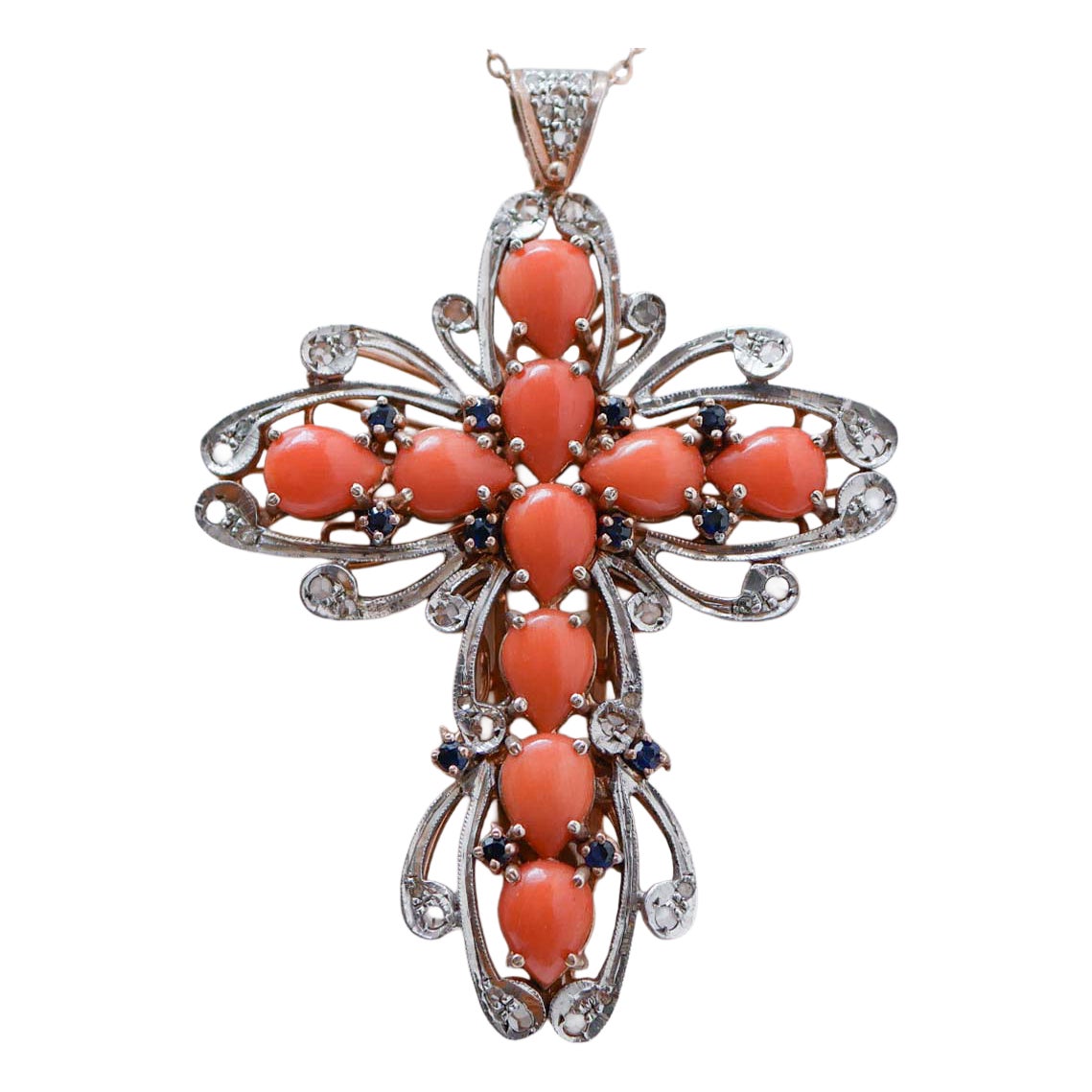 Collana con ciondolo in oro rosa e argento, corallo, zaffiri e diamanti