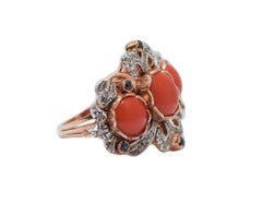 Coral, Sapphires, Diamonds, Rose Gold and Silver Ring.