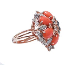 Coral, Sapphires, Diamonds, Rose Gold and Silver Ring.