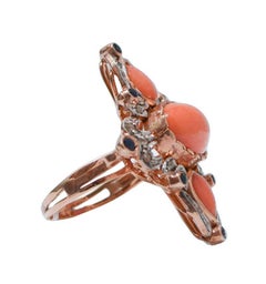 Coral, Sapphires, Diamonds, Rose Gold and Silver Ring.