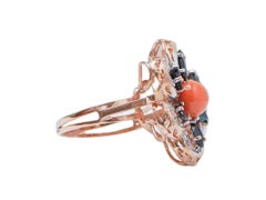 Coral, Sapphires, Diamonds, Rose Gold and Silver Ring.