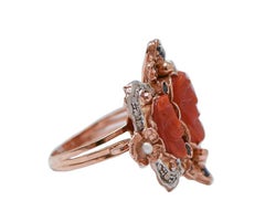 Coral, Sapphires, Diamonds, Rose Gold and Silver Ring.