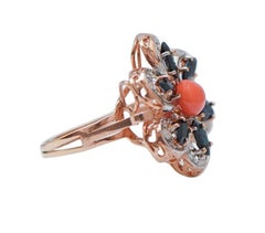 Coral, Sapphires, Diamonds, Rose Gold and Silver Ring.