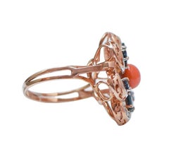 Coral, Sapphires, Diamonds, Rose Gold and Silver Ring.
