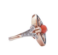 Coral, Sapphires, Diamonds, Rose Gold and Silver Ring.