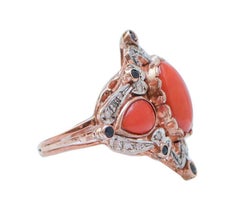 Coral, Sapphires, Diamonds, Rose Gold and Silver Ring.