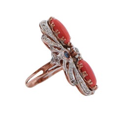 Coral, Sapphires, Diamonds, Rose Gold and Silver Ring.