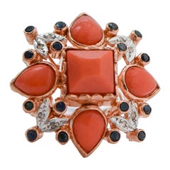 Coral, Sapphires, Diamonds, Rose Gold and Silver Ring.