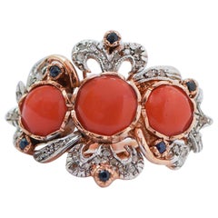Coral, Sapphires, Diamonds, Rose Gold and Silver Ring.
