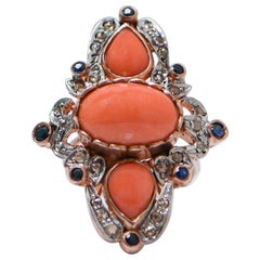 Coral, Sapphires, Diamonds, Rose Gold and Silver Ring.