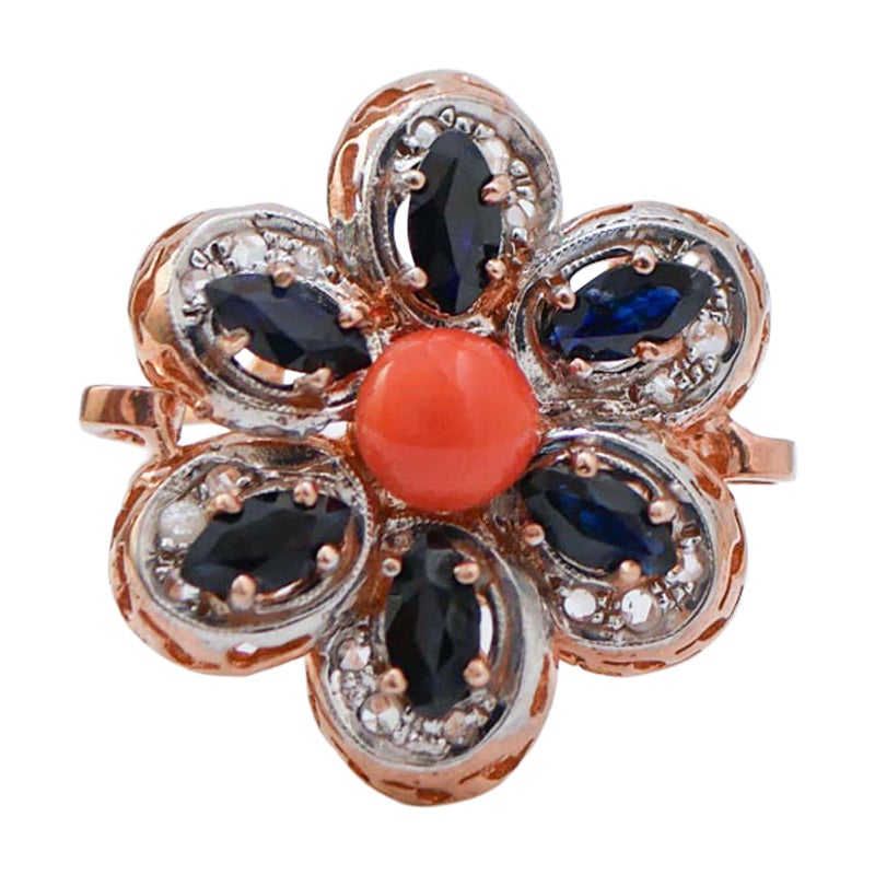 Coral, Sapphires, Diamonds, Rose Gold and Silver Ring. For Sale