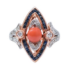 Coral, Sapphires, Diamonds, Rose Gold and Silver Ring.