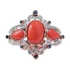 Coral, Sapphires, Diamonds, Rose Gold and Silver Ring.