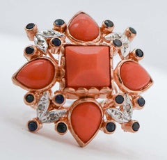 Coral, Sapphires, Diamonds, Rose Gold and Silver Ring.