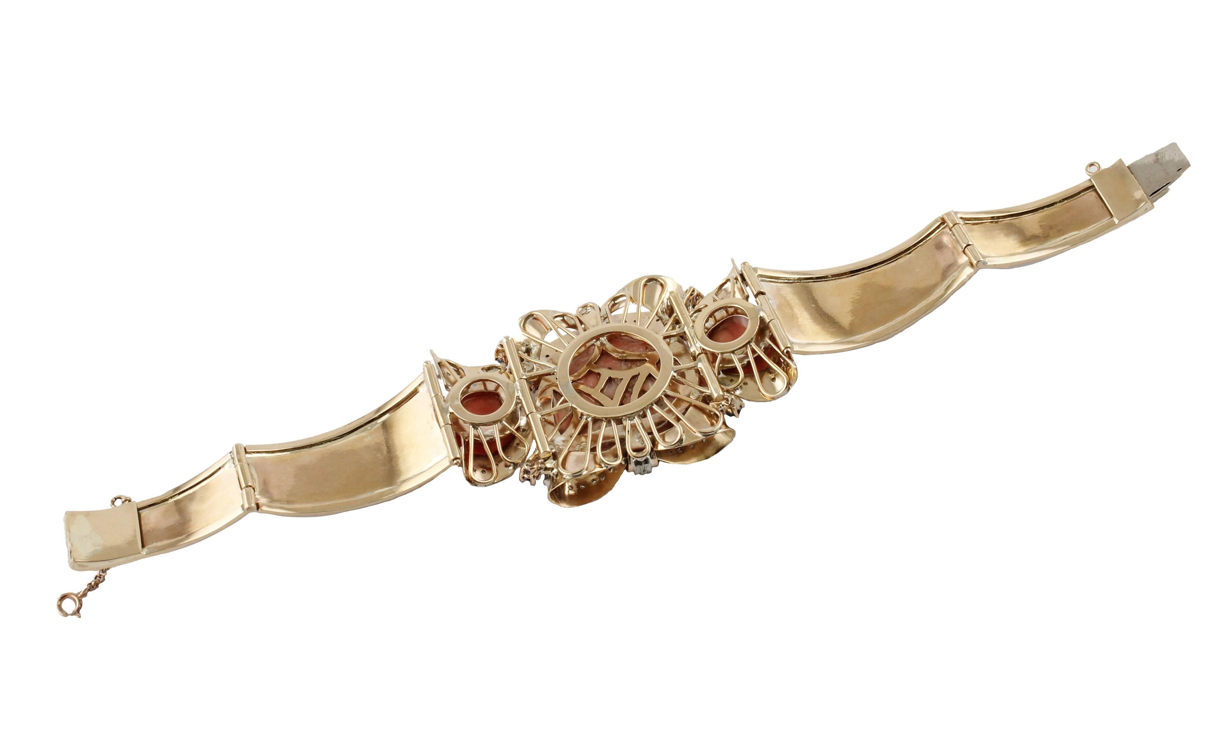 Retro Coral Sapphires Diamonds Rose Gold Goddess Bracelet