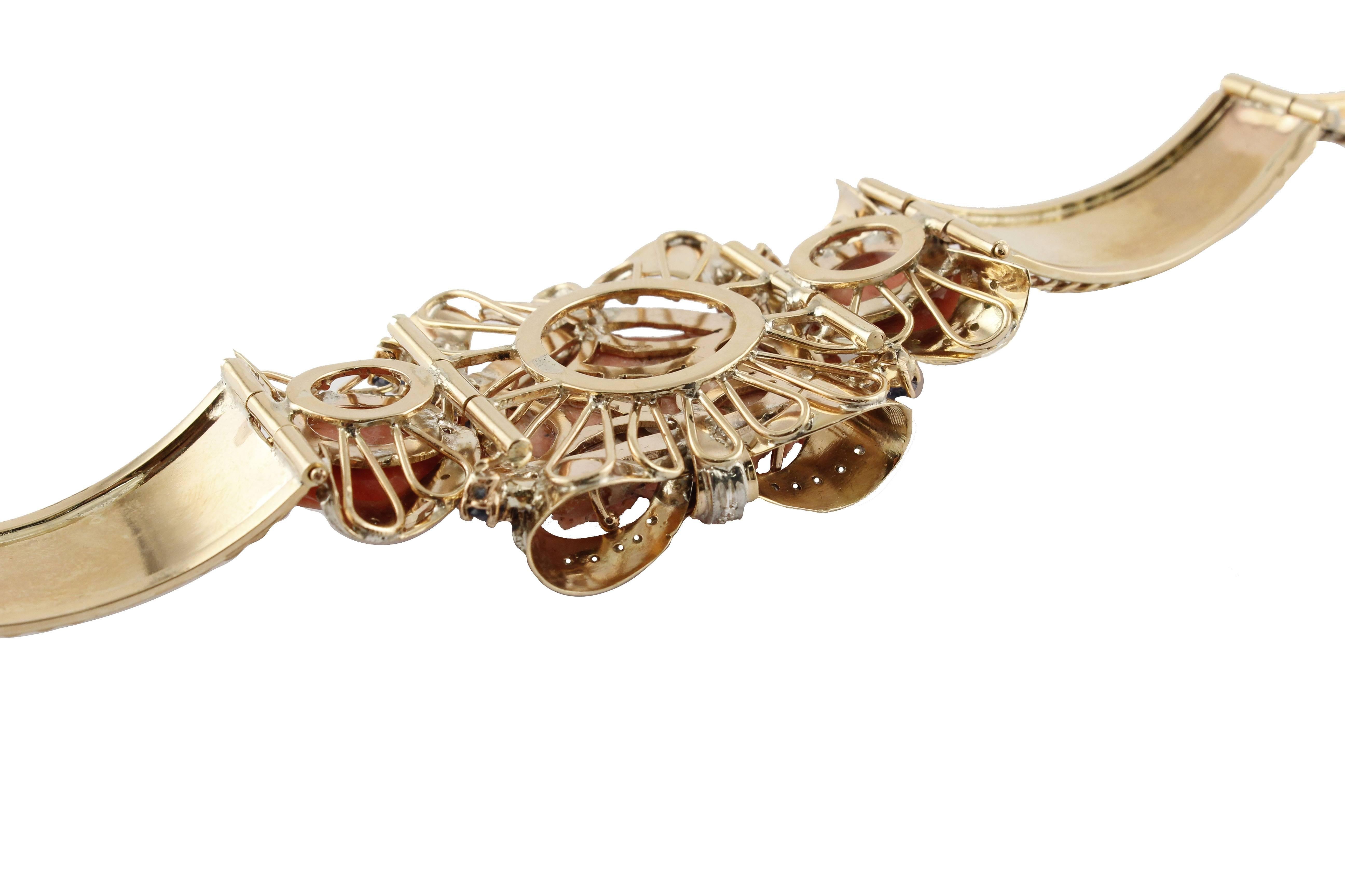 Coral Sapphires Diamonds Rose Gold Goddess Bracelet In Good Condition In Marcianise, Marcianise (CE)