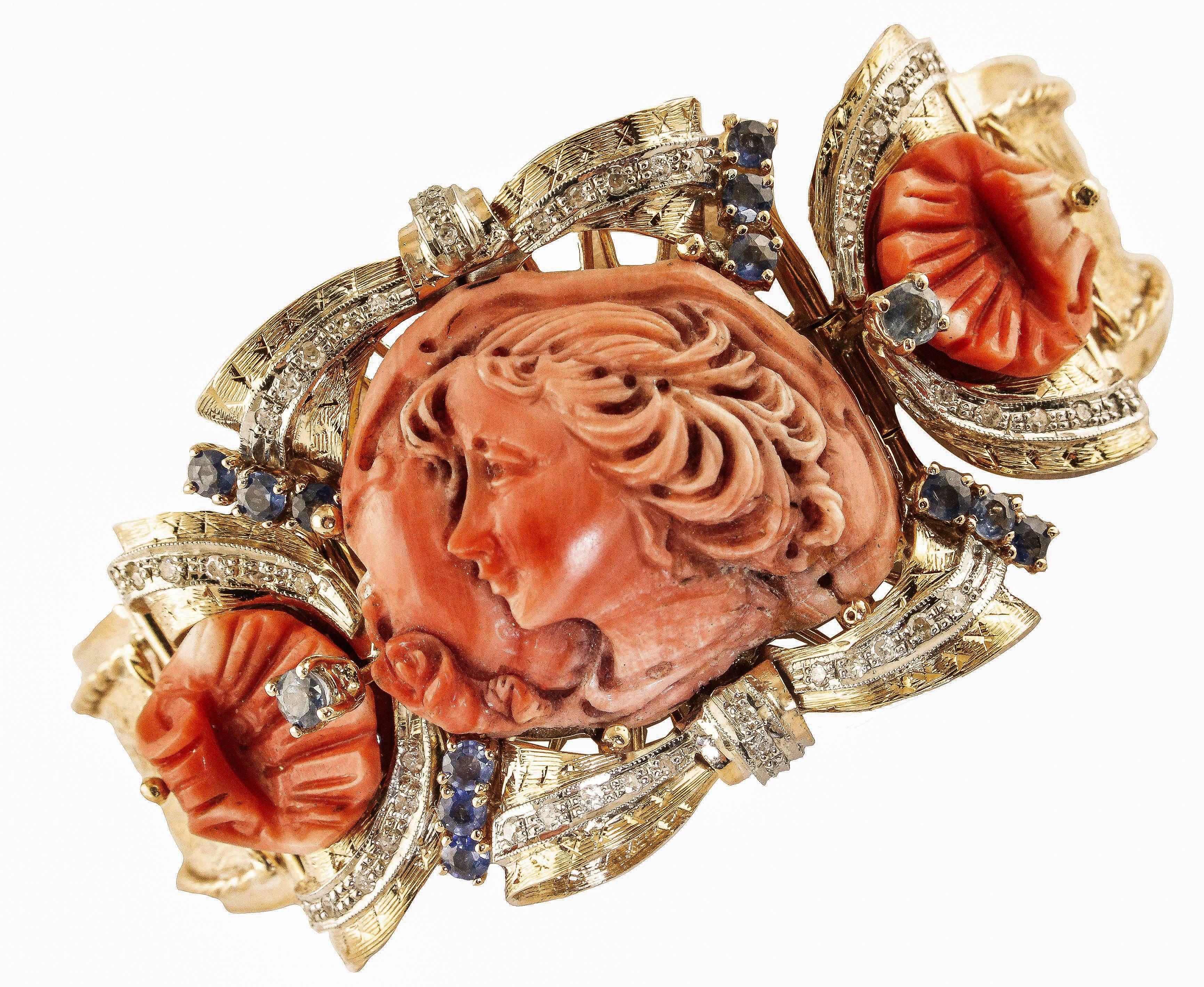 Coral Sapphires Diamonds Rose Gold Goddess Bracelet 4