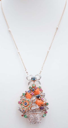 Coral, Sapphires. Diamonds, Rubies, Emeralds, Gold and Silver Pendant Necklace