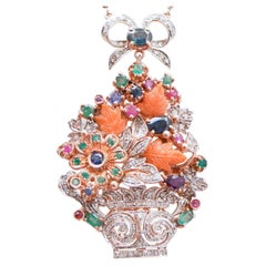 Coral, Sapphires. Diamonds, Rubies, Emeralds, Gold and Silver Pendant Necklace
