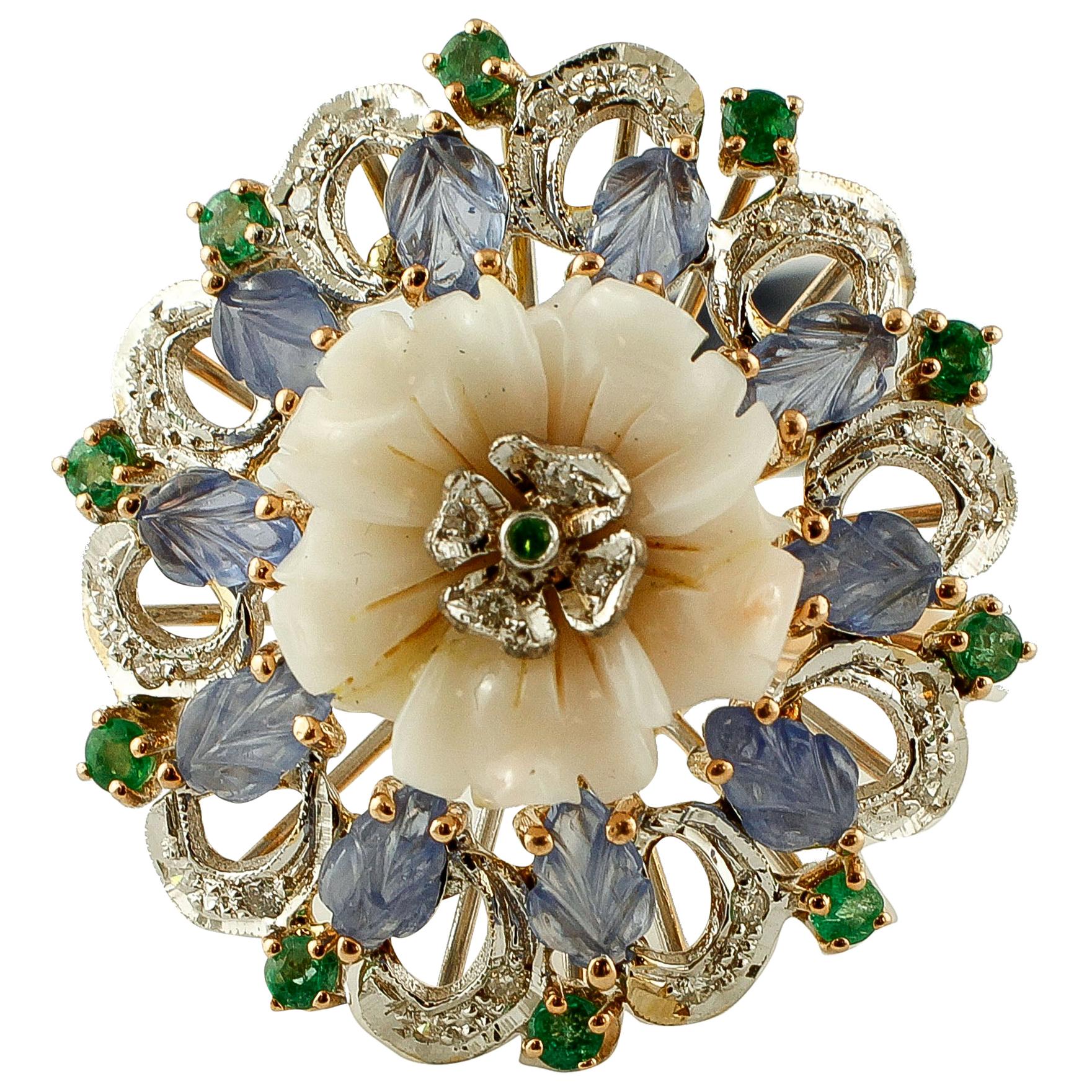 Coral, Sapphires, Emeralds, Diamonds, 14 Karat White and Rose Gold Vintage Ring