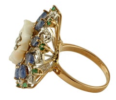 Coral, Sapphires, Emeralds, Diamonds, 14 Karat White and Rose Gold Vintage Ring