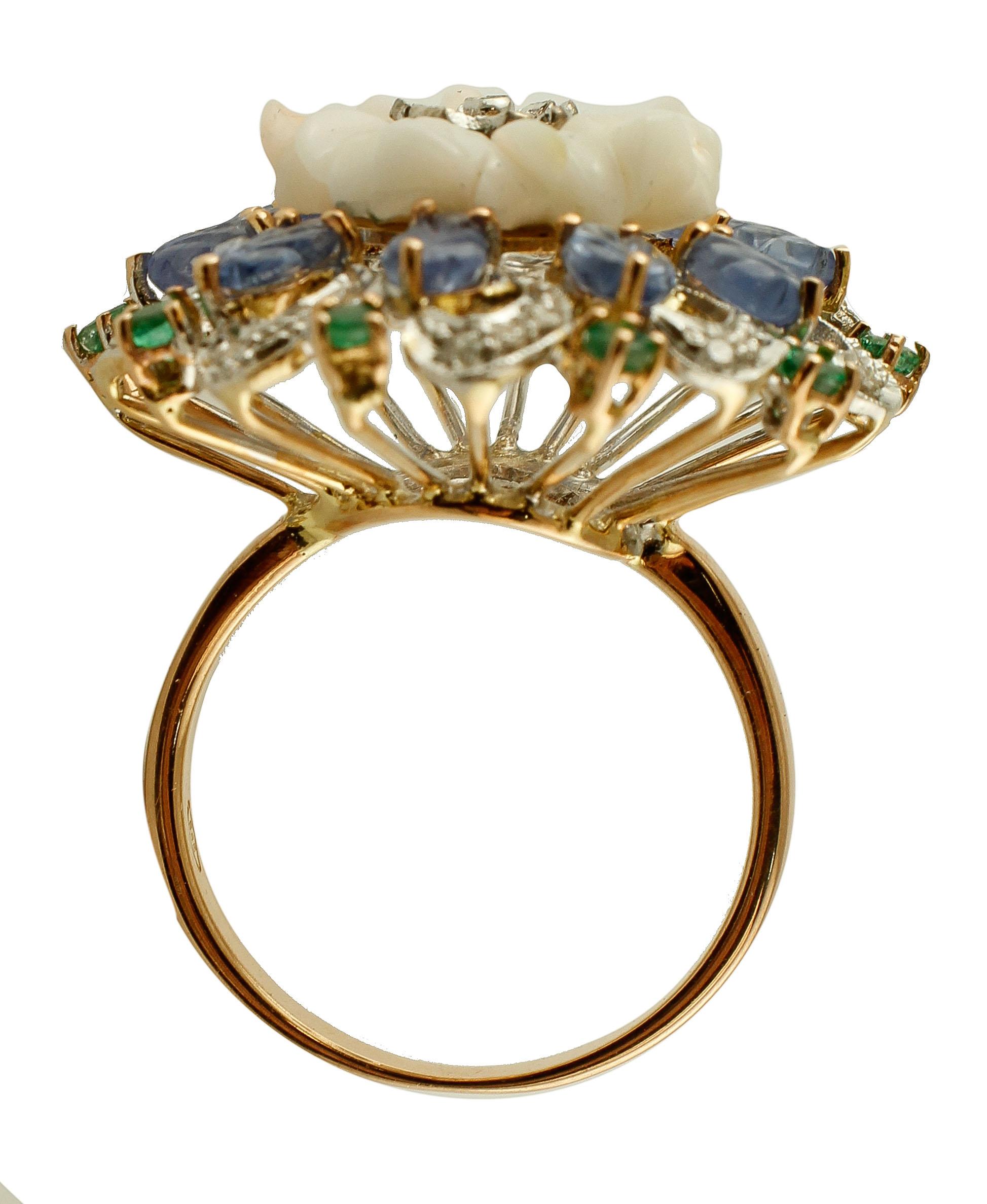 Retro Coral, Sapphires, Emeralds, Diamonds, 14 Karat White and Rose Gold Vintage Ring For Sale