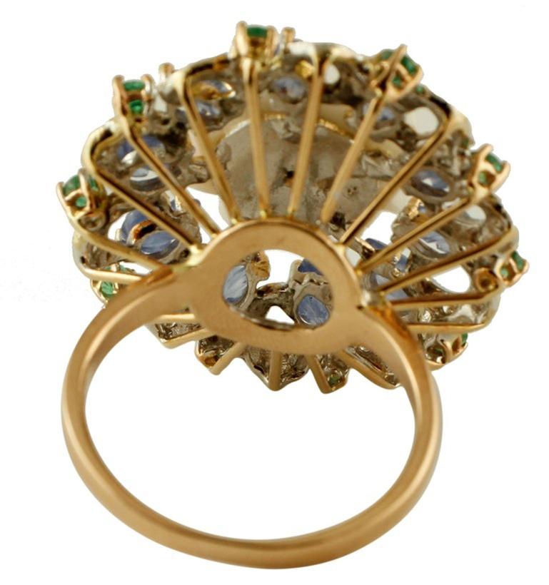 Mixed Cut Coral, Sapphires, Emeralds, Diamonds, 14 Karat White and Rose Gold Vintage Ring For Sale