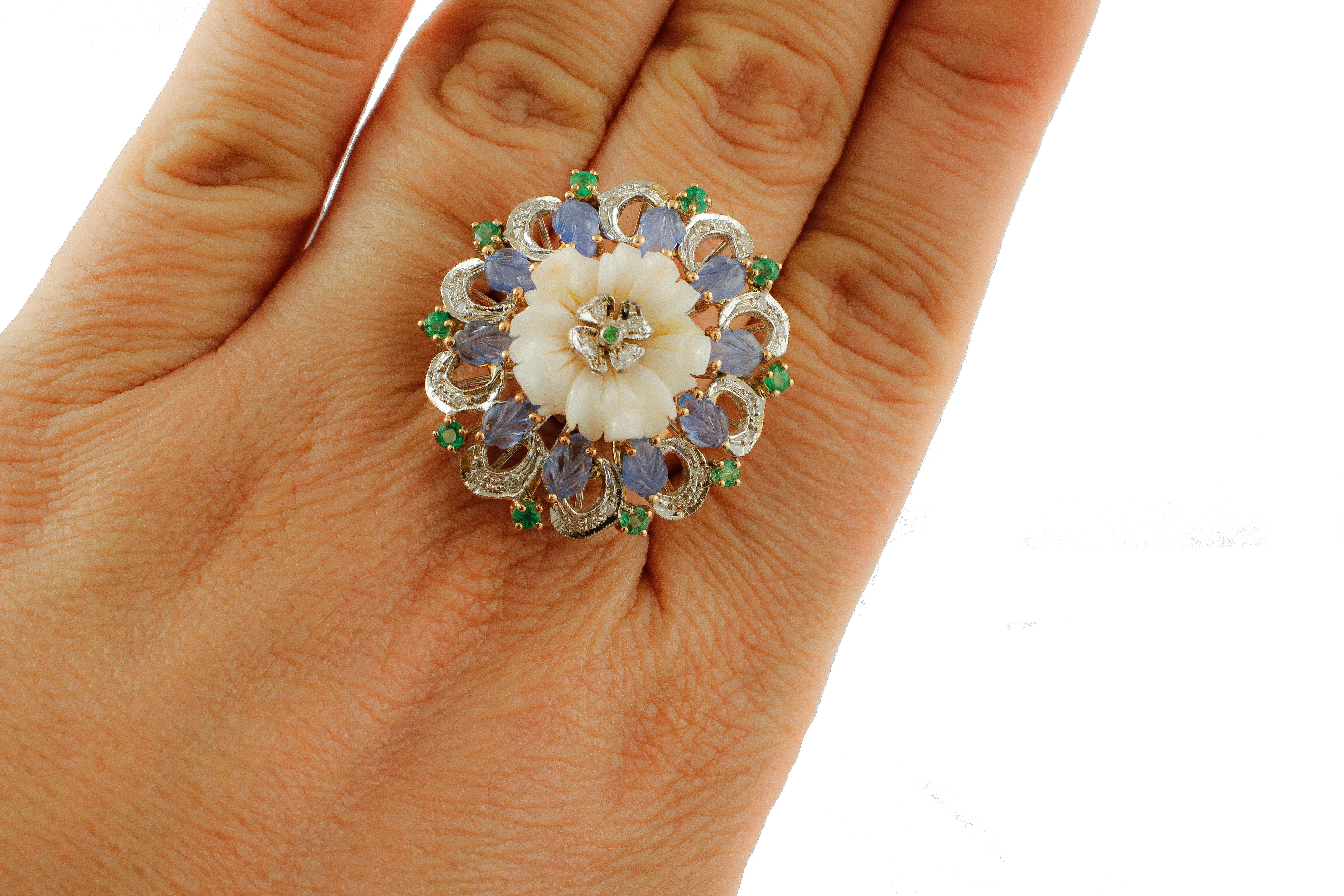 Women's Coral, Sapphires, Emeralds, Diamonds, 14 Karat White and Rose Gold Vintage Ring For Sale