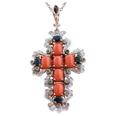 Coral, Sapphires, Emeralds, Diamonds, Rose Gold and Silver Cross Pendant.