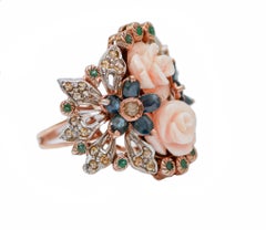 Coral, Sapphires, Emeralds, Diamonds, Rose Gold and Silver Ring.