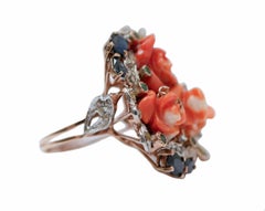Coral, Sapphires, Emeralds, Diamonds, Rose Gold and Silver Ring.