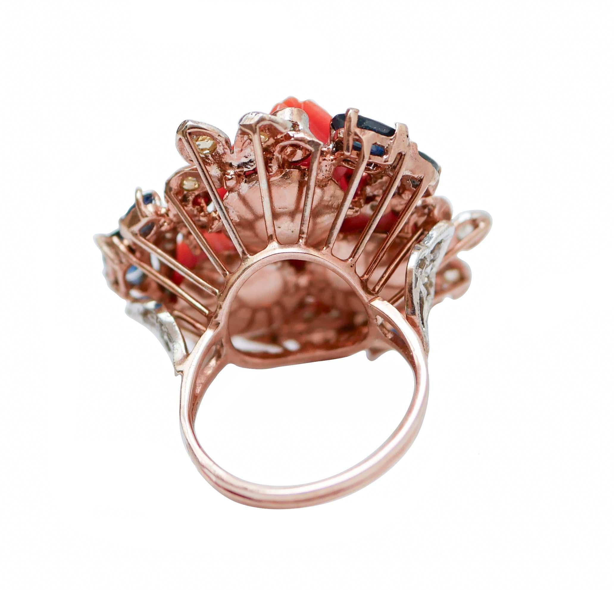Retro Coral, Sapphires, Emeralds, Diamonds, Rose Gold and Silver Ring. For Sale