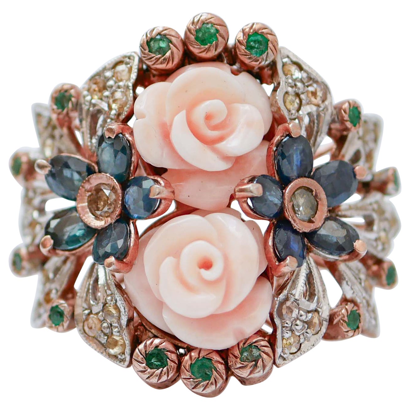 Coral, Sapphires, Emeralds, Diamonds, Rose Gold and Silver Ring.
