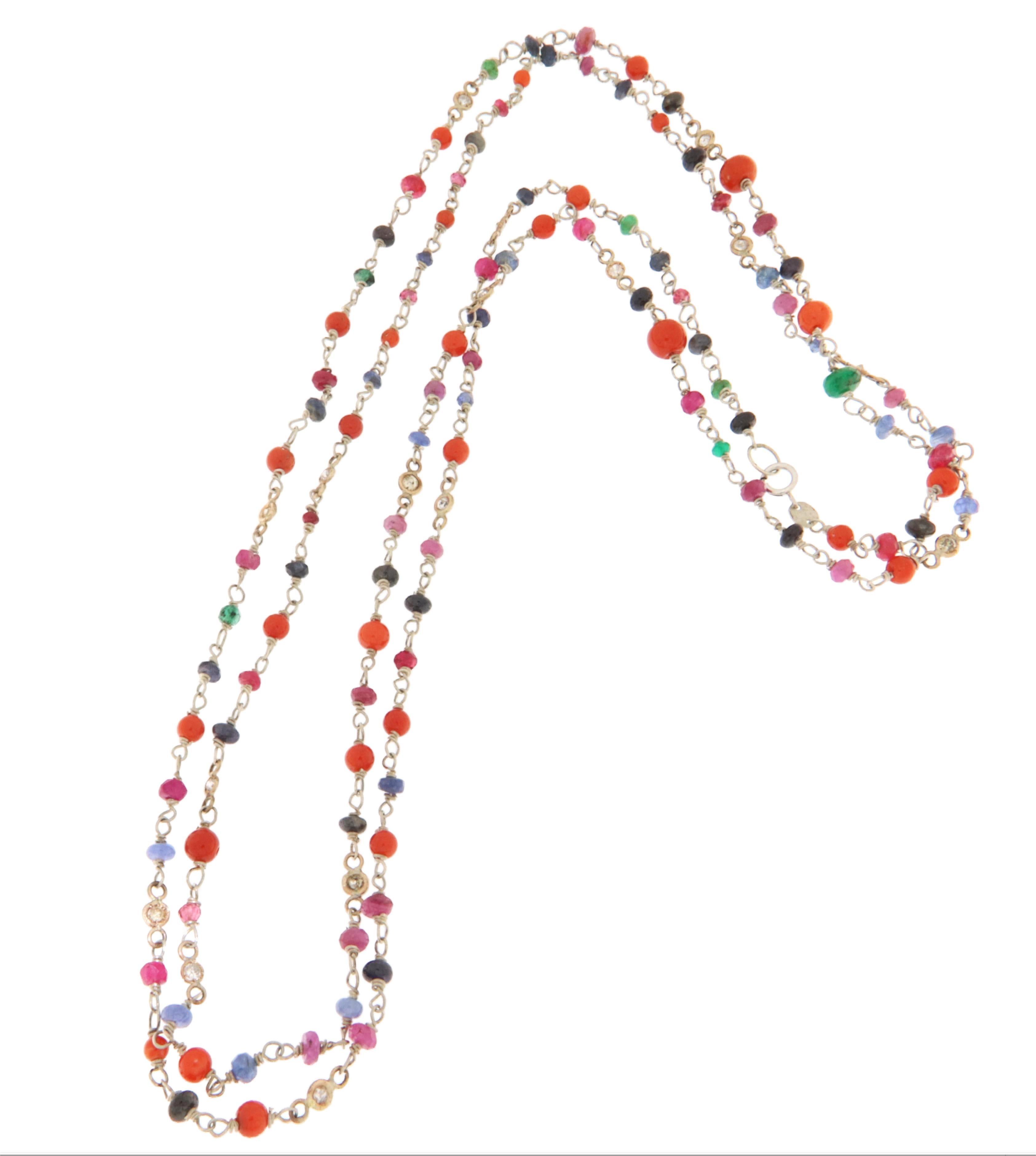 Artisan Coral Sapphires Emeralds Rubies Diamonds 9 Karat White Gold Choker Necklace For Sale