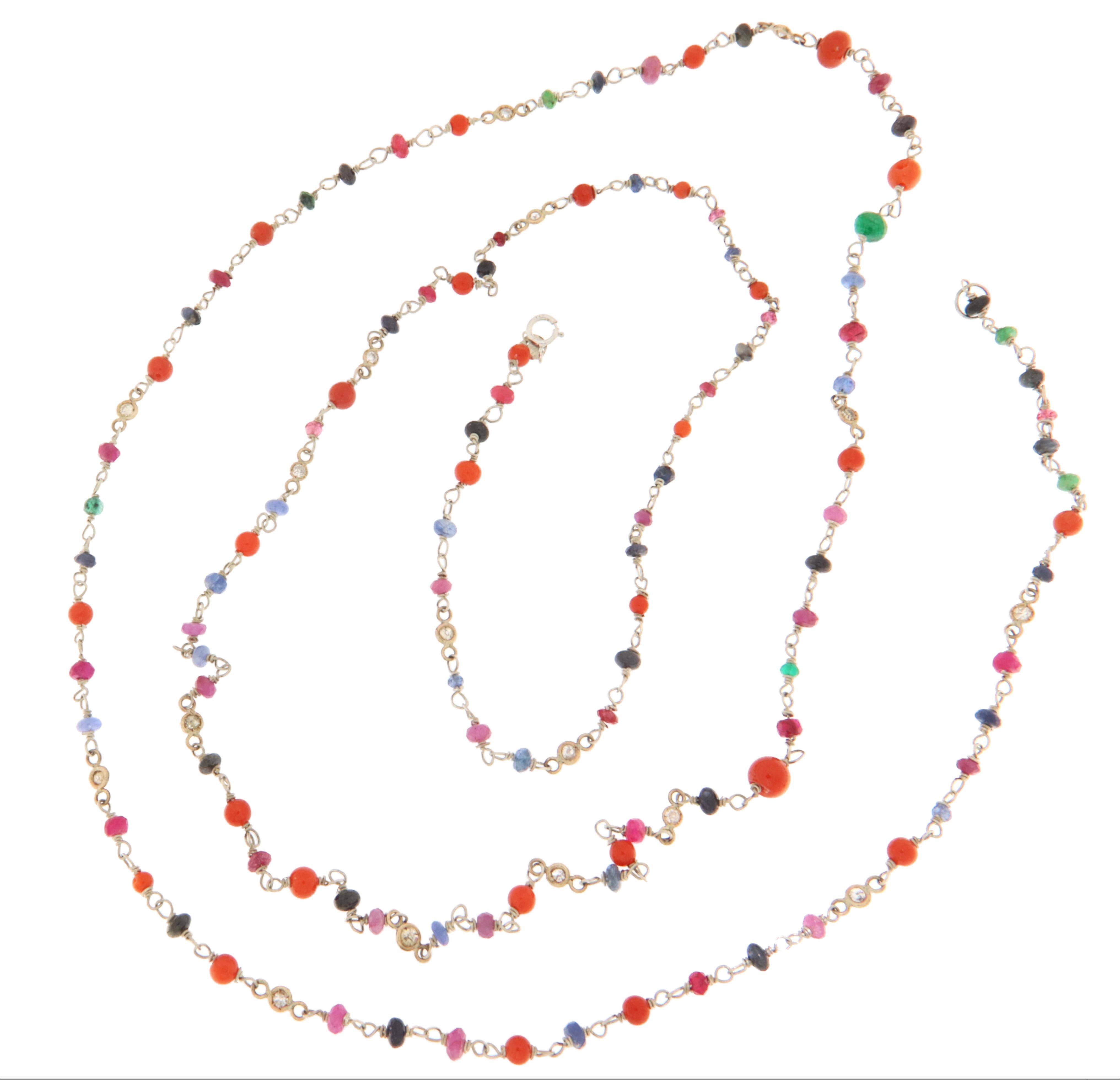 Brilliant Cut Coral Sapphires Emeralds Rubies Diamonds 9 Karat White Gold Choker Necklace For Sale