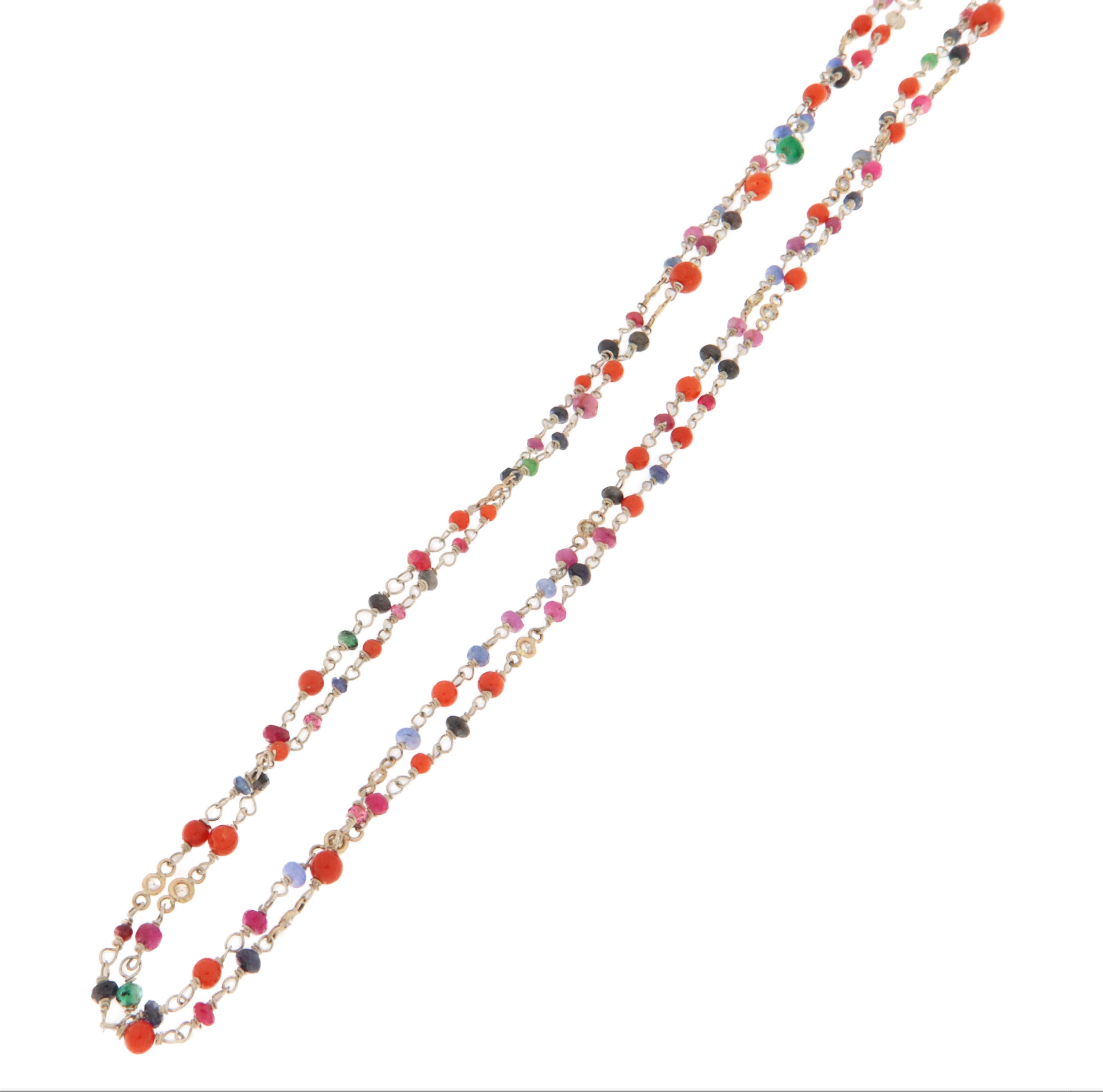 Coral Sapphires Emeralds Rubies Diamonds 9 Karat White Gold Choker Necklace In New Condition For Sale In Marcianise, IT