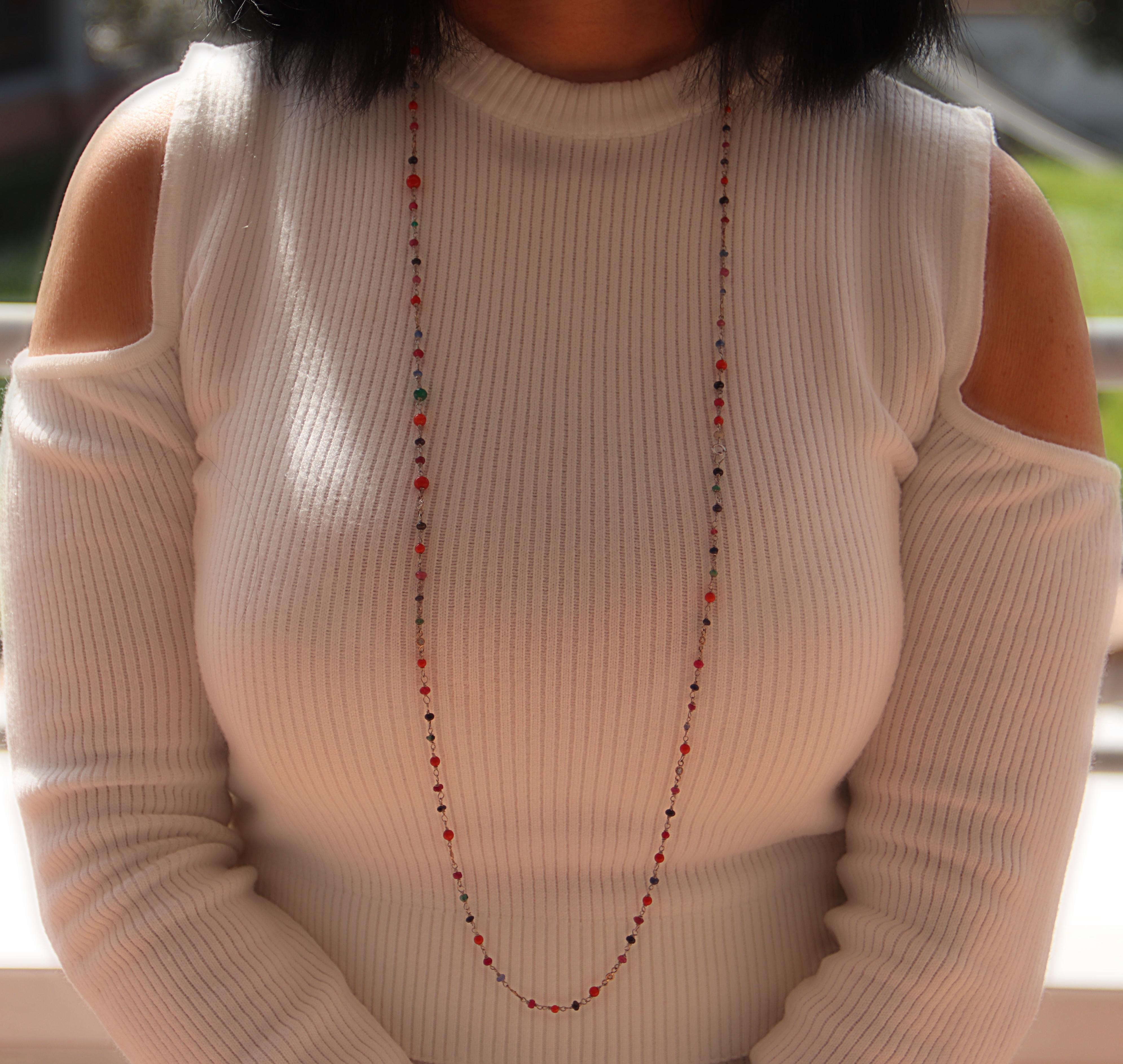 Women's Coral Sapphires Emeralds Rubies Diamonds 9 Karat White Gold Choker Necklace For Sale
