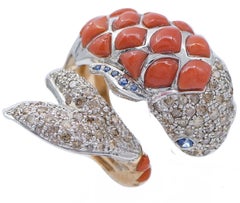 Coral, Sapphires, Fancy Brown Diamonds, Rose Gold and Silver Fish Shape Ring