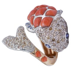 Coral, Sapphires, Fancy Brown Diamonds, Rose Gold and Silver Fish Shape Ring