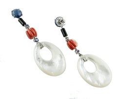 Red Coral, Sapphires Onyx Diamonds Kyanite, White Stones, White Gold Earrings