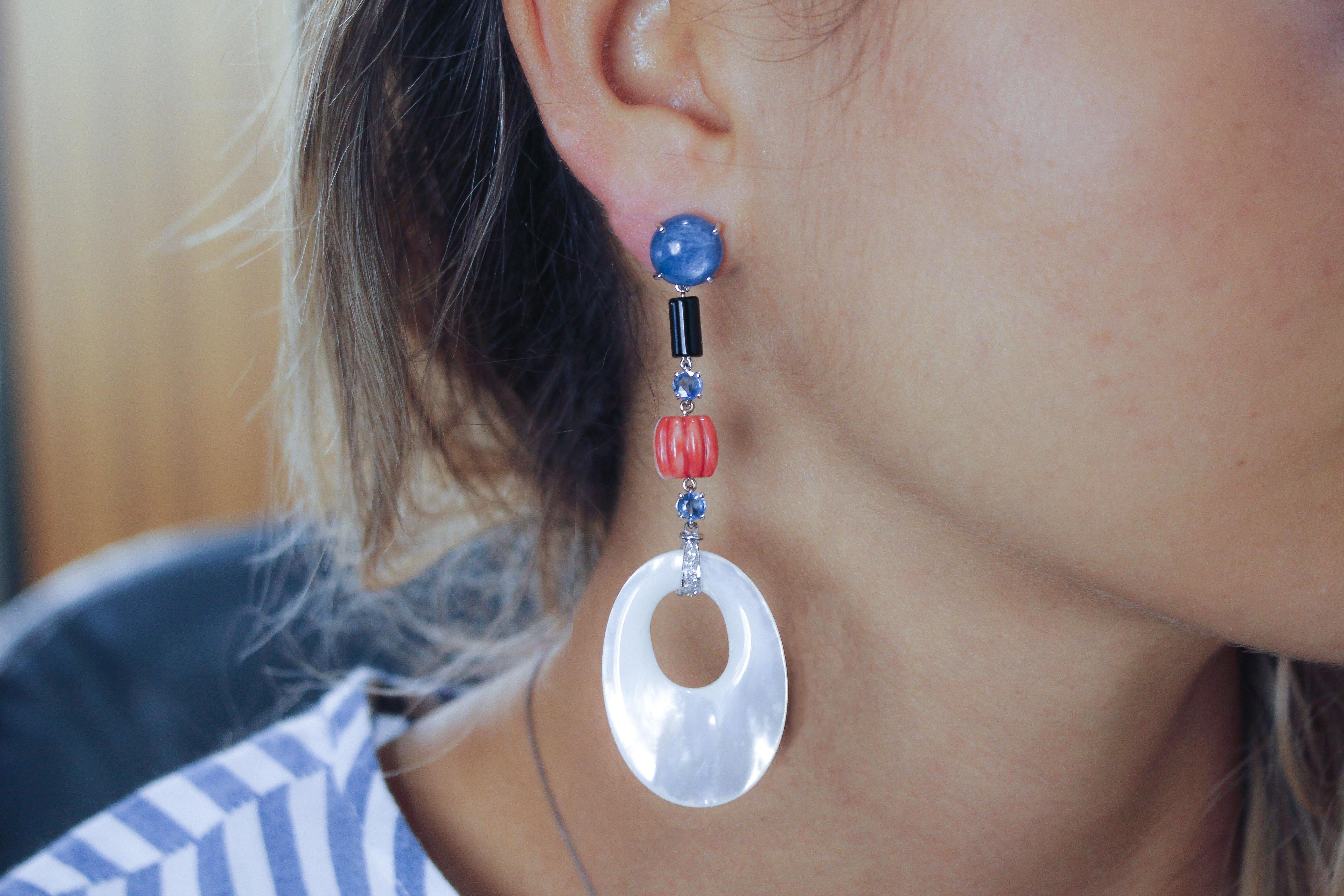 Retro Red Coral, Sapphires Onyx Diamonds Kyanite, White Stones, White Gold Earrings For Sale