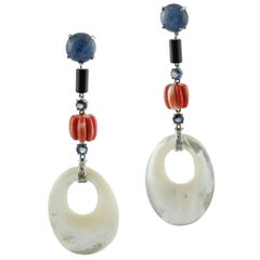 Retro Red Coral, Sapphires Onyx Diamonds Kyanite, White Stones, White Gold Earrings