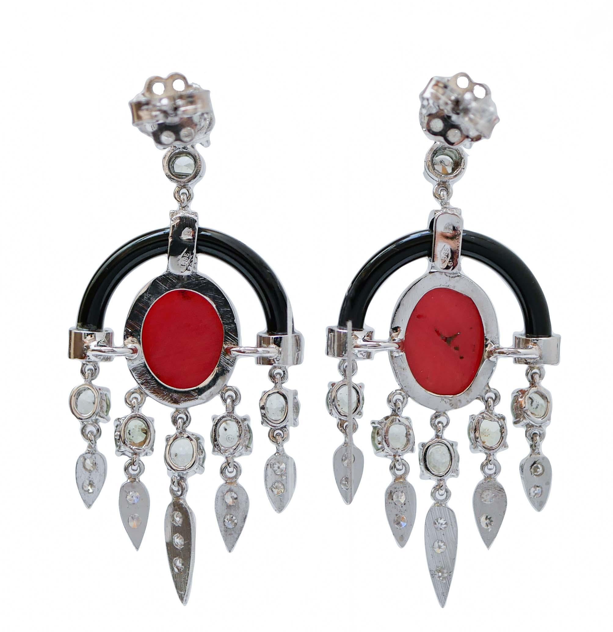 Retro Coral, Sapphires, Onyx, Diamonds, Platinum and 14 Karat White Gold Earrings. For Sale