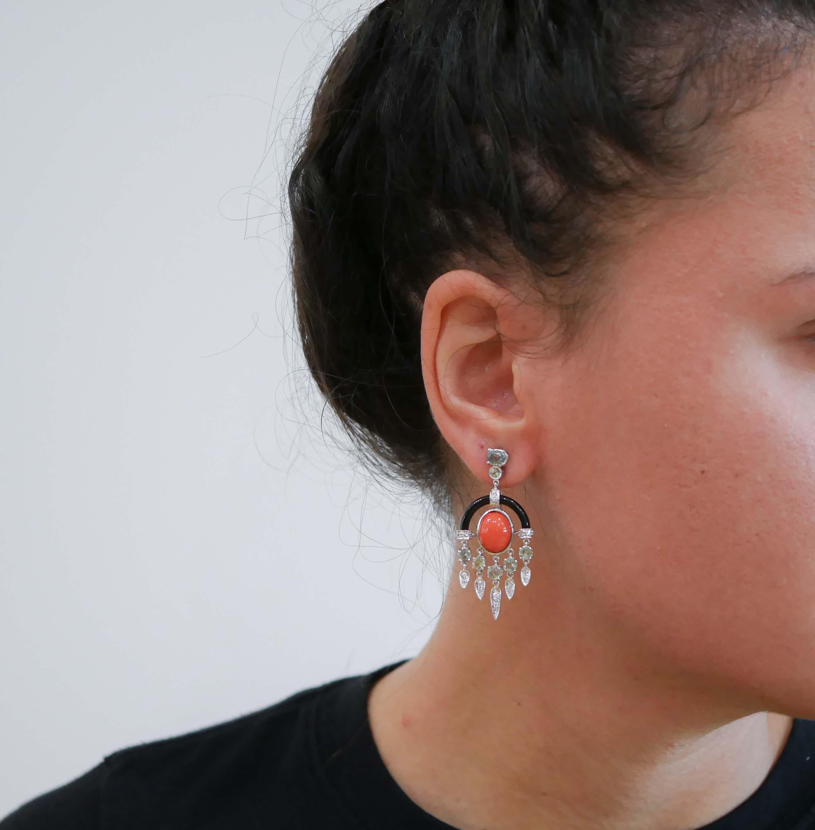 Mixed Cut Coral, Sapphires, Onyx, Diamonds, Platinum and 14 Karat White Gold Earrings. For Sale