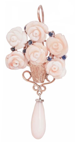 Coral, Sapphires, Rose Gold and Silver Retrò Earrings.