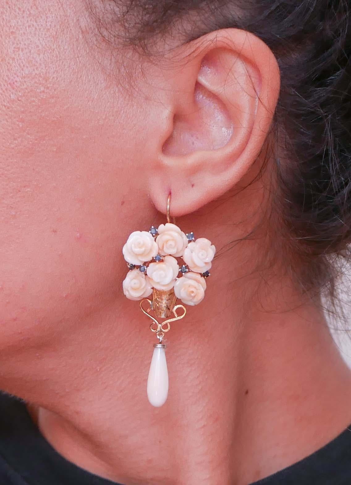 Corail, saphirs, boucles d'oreilles en or rose et argent Retrò. Bon état - En vente à Marcianise, Marcianise (CE)