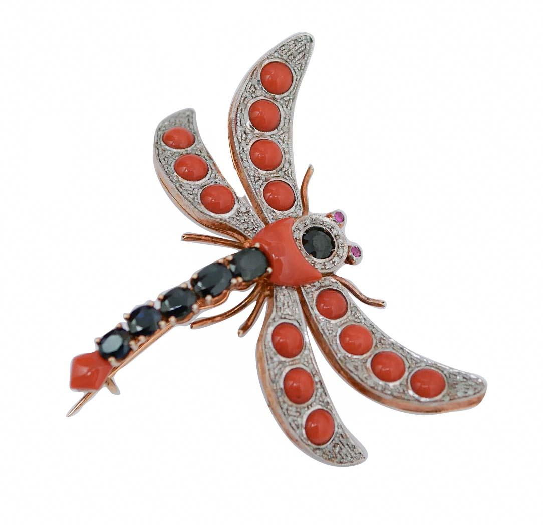 Retro Coral, Sapphires, Rubies, Diamonds, Rose Gold and Silver Brooch. For Sale