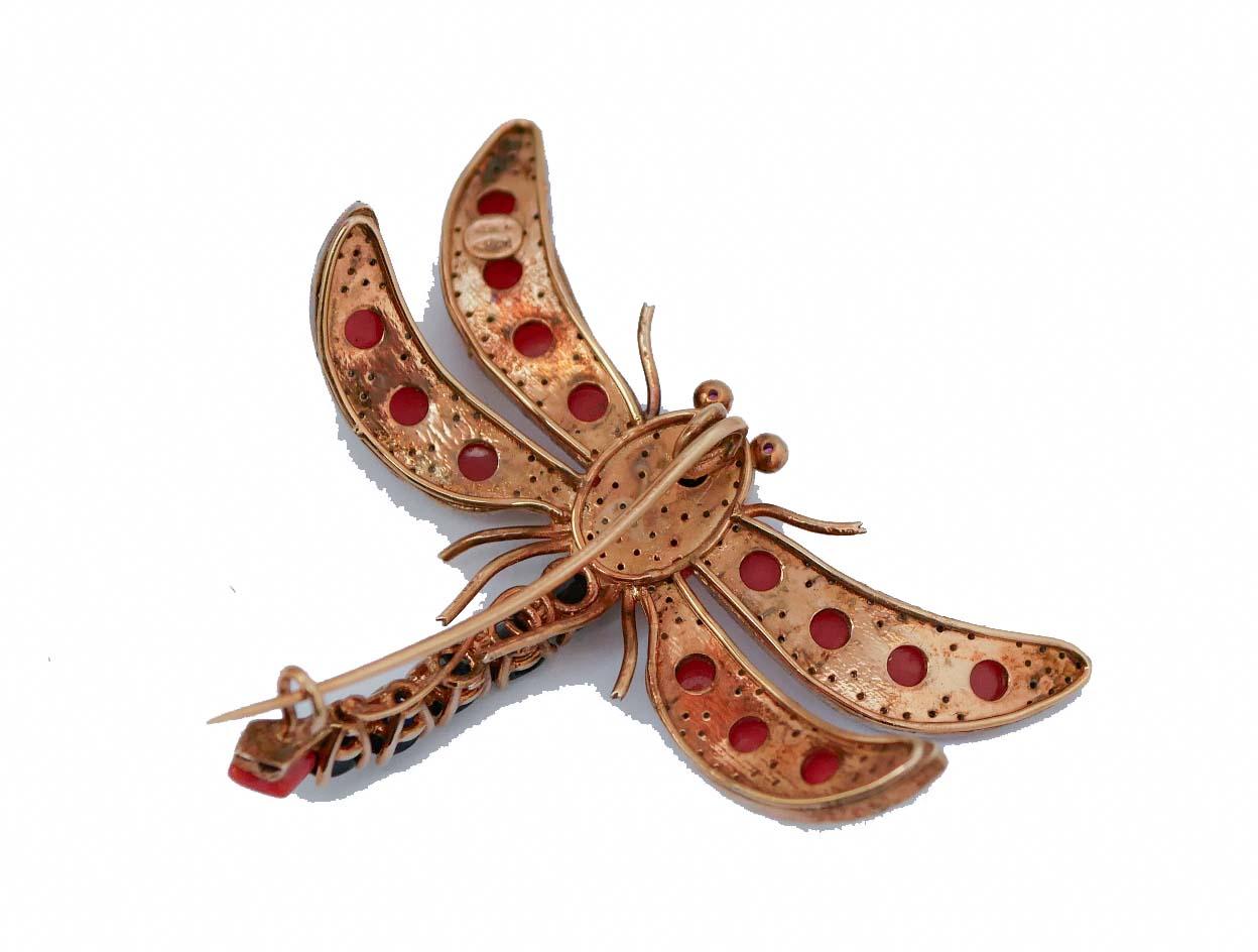 Mixed Cut Coral, Sapphires, Rubies, Diamonds, Rose Gold and Silver Brooch. For Sale